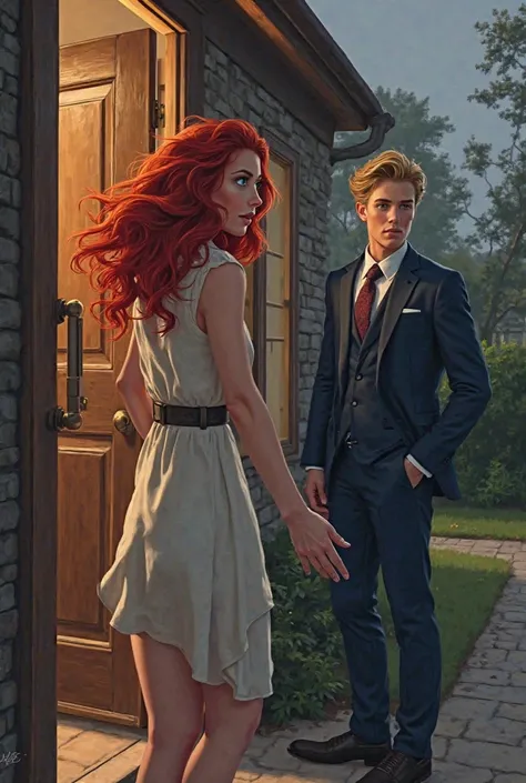 Create a realistic illustration of a red-haired woman with her back opening the door of her house and outside a 27-year-old male detective with blond hair and blue eyes 