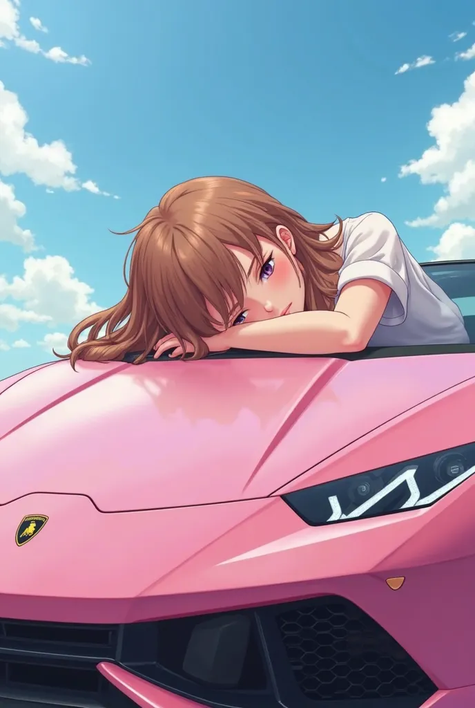 Cute fourteen years old brown haired anime girl sleeping on the roof of her pink Lamborghini (anime version)