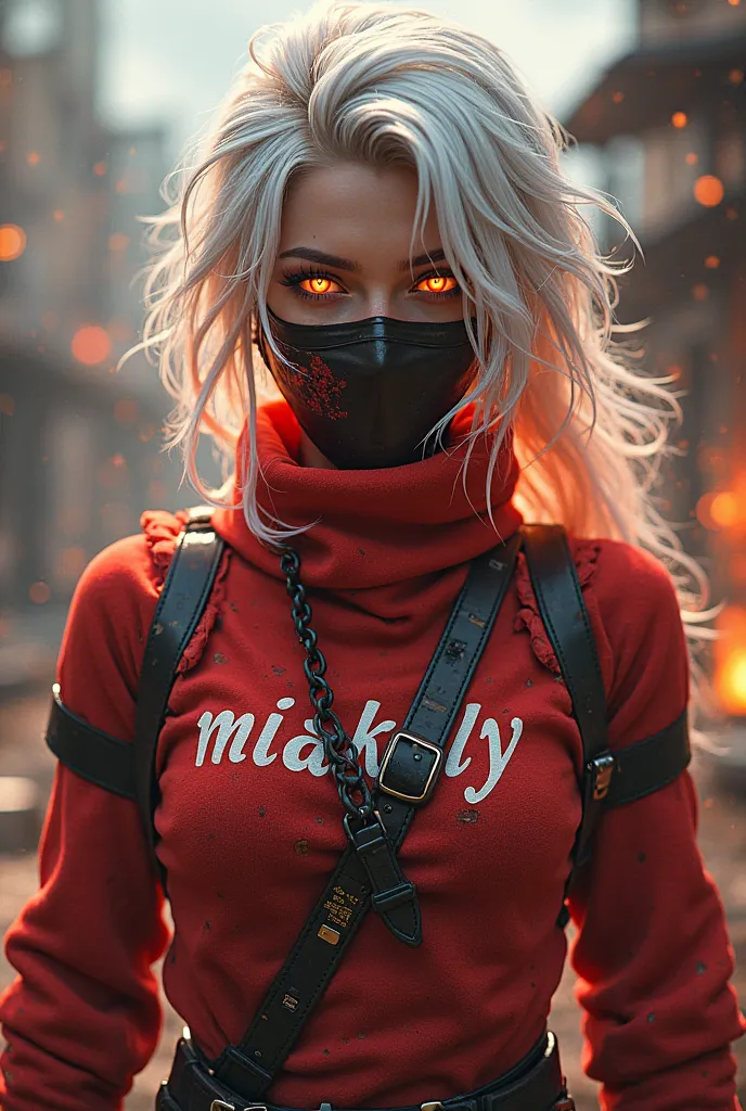 A Free Fire outfit like that of the marshal and white hair, fire coming out of the eyes, a mask on the face, and a red turtleneck, e meu nome na blusa “MIAKELY”