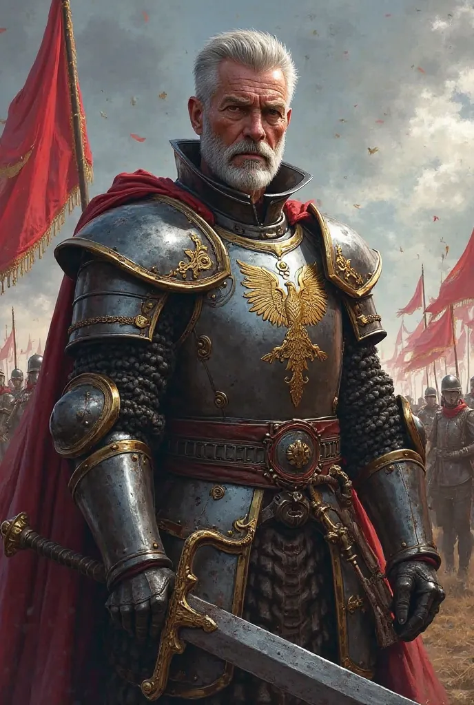 "} Create a realistic illustration of a character named **Lord General Edric Valtorin**, the supreme commander of the military forces of Eldoria. He is a middle-aged man,  about 50 years old , of stately and austere appearance. His face is marked by battle...