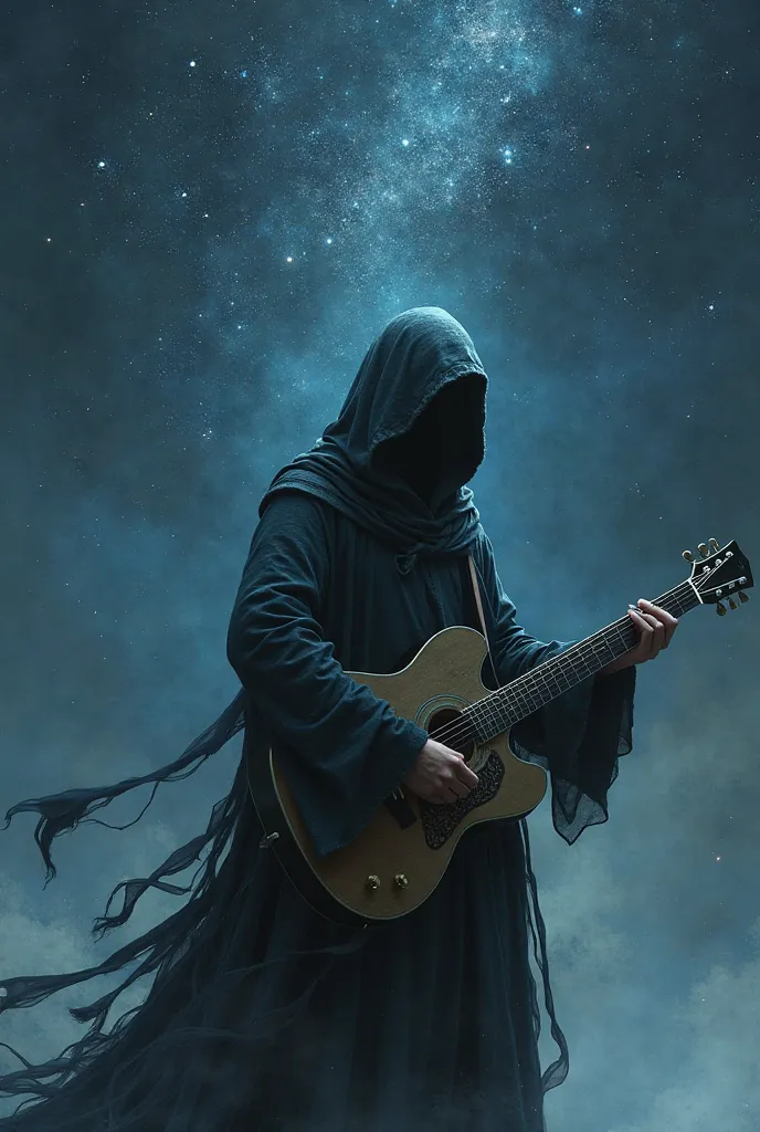 our cloaked member has a guitar in his hand and get broken stars above while he's out