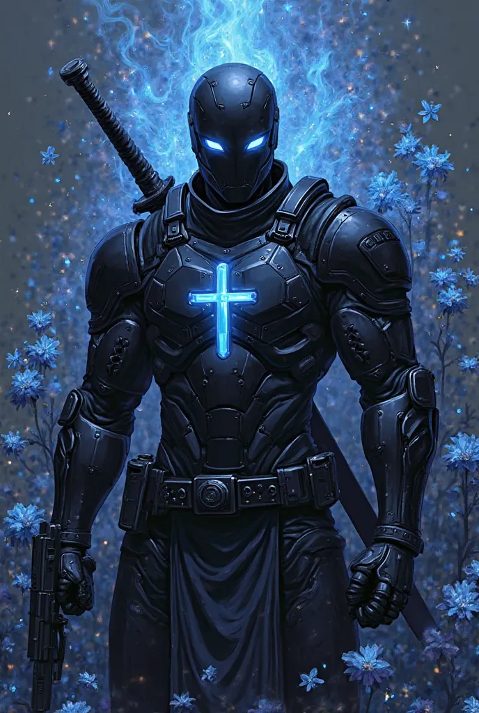 Create an anime of a black soldier holding a gun on it’s right hand and a sword on it’s left hand wearing an armor suit cross on it’s chest blue light shining around it’s head flowers surrounding the black soldier 