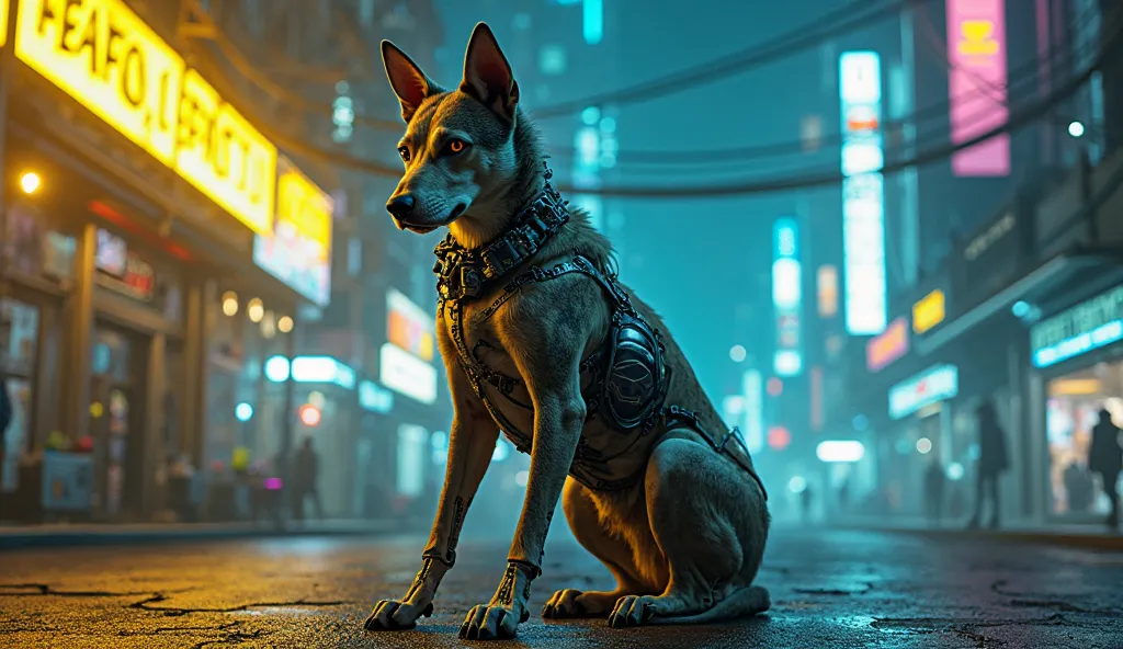 A dog with robotic parts in cyber punk style in a nighttime environment with yellow and neon blue lights sitting looking straight ahead