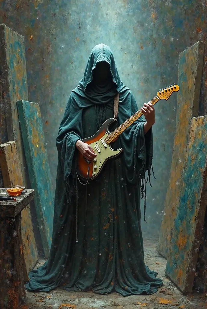 have an electric guitar in the hands of the same cloaked element and have half paintings around it , blank canvases and paints on the right left