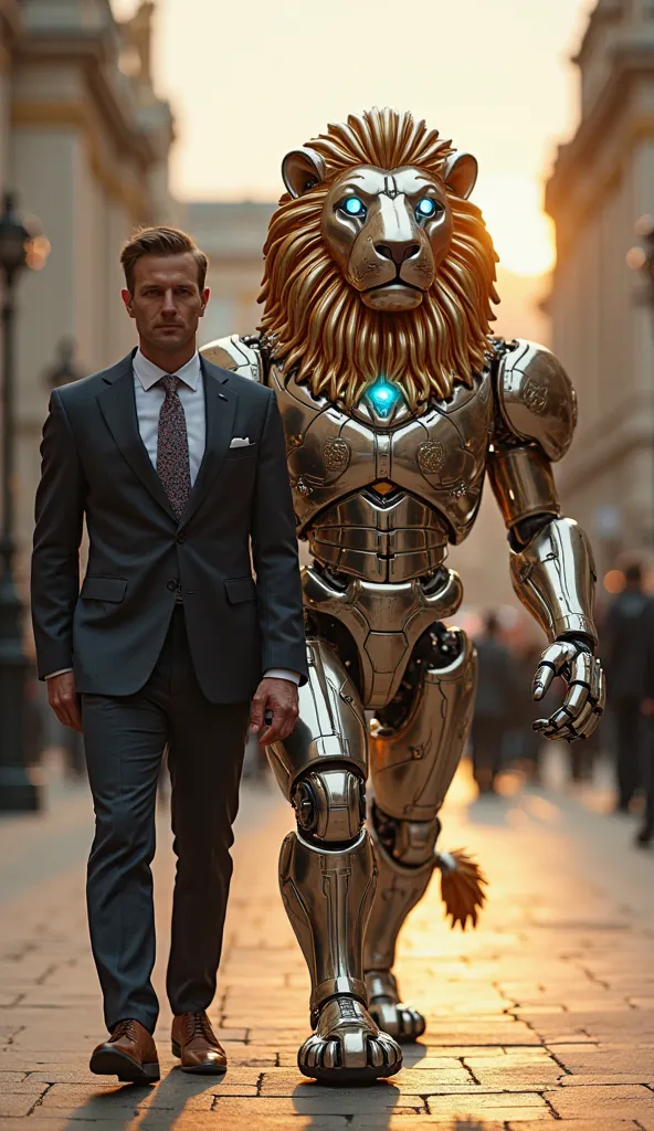 A majestic android, designed in the shape of a lion, inspired by the aesthetics and symbolism of the United Kingdom. The lion android has a shiny metallic structure, motifs with gold and silver details that evoke the elegance and power of British royalty. ...