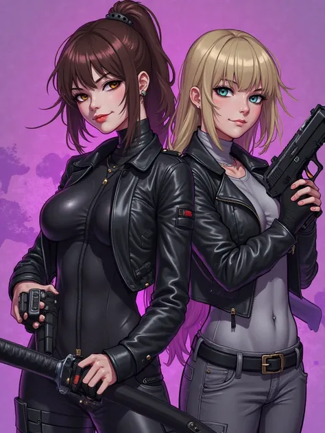 A painted formidable girl with brown hair and brown eyes in a black bodysuit in a short leather jacket and the cargo pants are black and she has a katana in her hands and there is another girl with blond hair and green eyes in a gray bodysuit, a short blac...