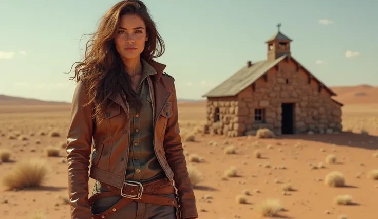 Photorealistic image of Marisol (a strong and determined woman with almonds brown eyes, with long wavy brown hair, Olive Leather, dressed in a leather jacket and sturdy boots, perfect for desert travels) that stands by a farm standing alone in the desert, ...