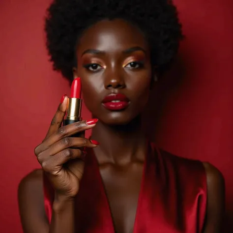 📷 visual: A black model wears a red satin dress and holds the lipstick as if it were a jewel. Her perfectly filled and matte lips become the center of attention. The background is soft, with diffused lighting that highlights the texture of the lipstick.

🎭...