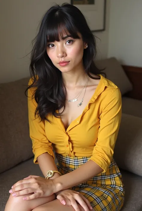 [Woman], [21 years old], [" alice "], [ honey colored ], [ black
hairwith bangs], [generous curves], [yellowand
black plaidminiskirt], [yellowwomen's dressshirt],
[ jewelry], [sitting facing the camera], [ photograph
].
