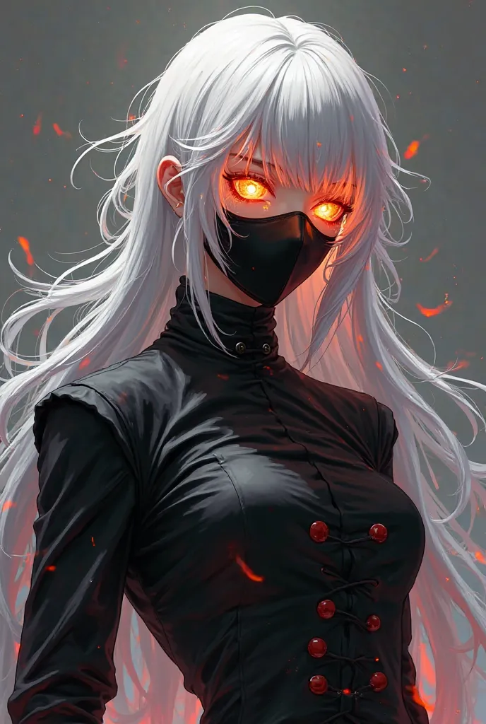 An anime outfit with white hair, a mask on the face, the eyes coming out on fire and a men's black turtleneck blouse.