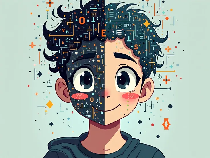 Create an image with a male side of the face being programming ( Programming Languages ) And the other side being a friendly animated face of a young man in cartoon style