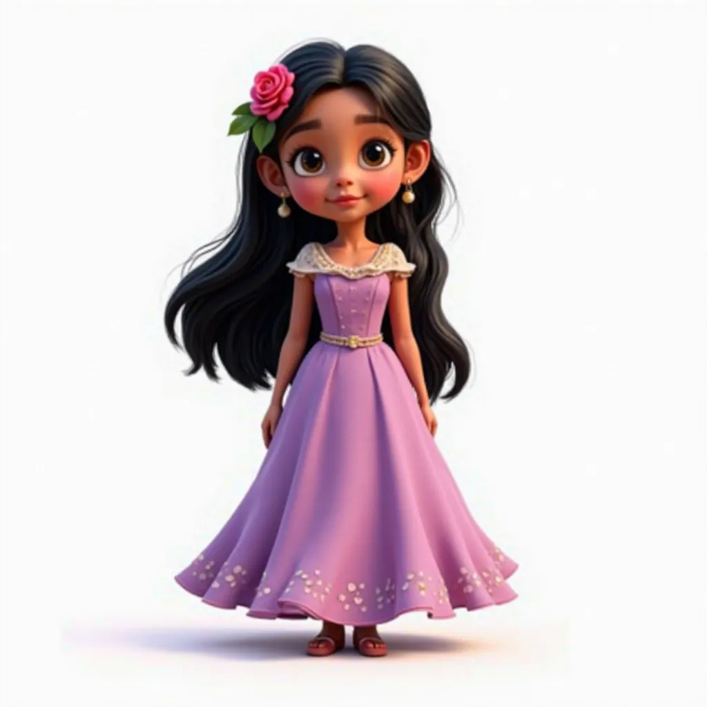 letter I dress in 3D with Isabela Madrigal young Colombian girl with a rose in her long black hair, she is wearing a long Lila,    Encanto Disney Pixar style, white background  
