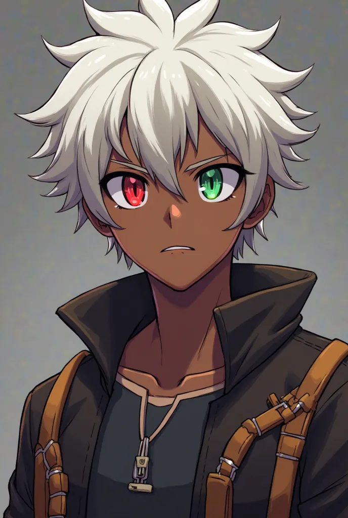 make a anime character with dark skin, but not super dark like a caramel dark and make you have a Red and Green eye glare and he has a white hair And the character is a guy Can you make him also African-American?