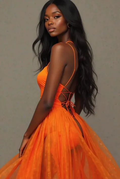 Create an image of a black girl with long straight black hair wearing an orange party dress, Strappy and long