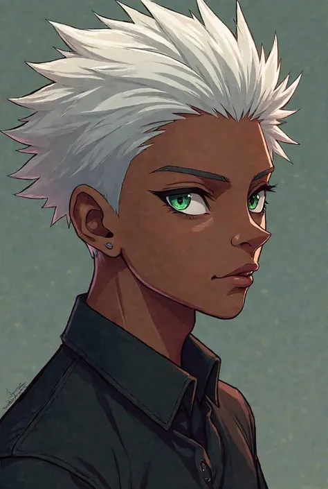 make a Super realistic anime character with dark skin, but not super dark like a caramel dark and make you have a Red and Green eye glare and he has a white hair And the character is a guy Can you make him also African-American?