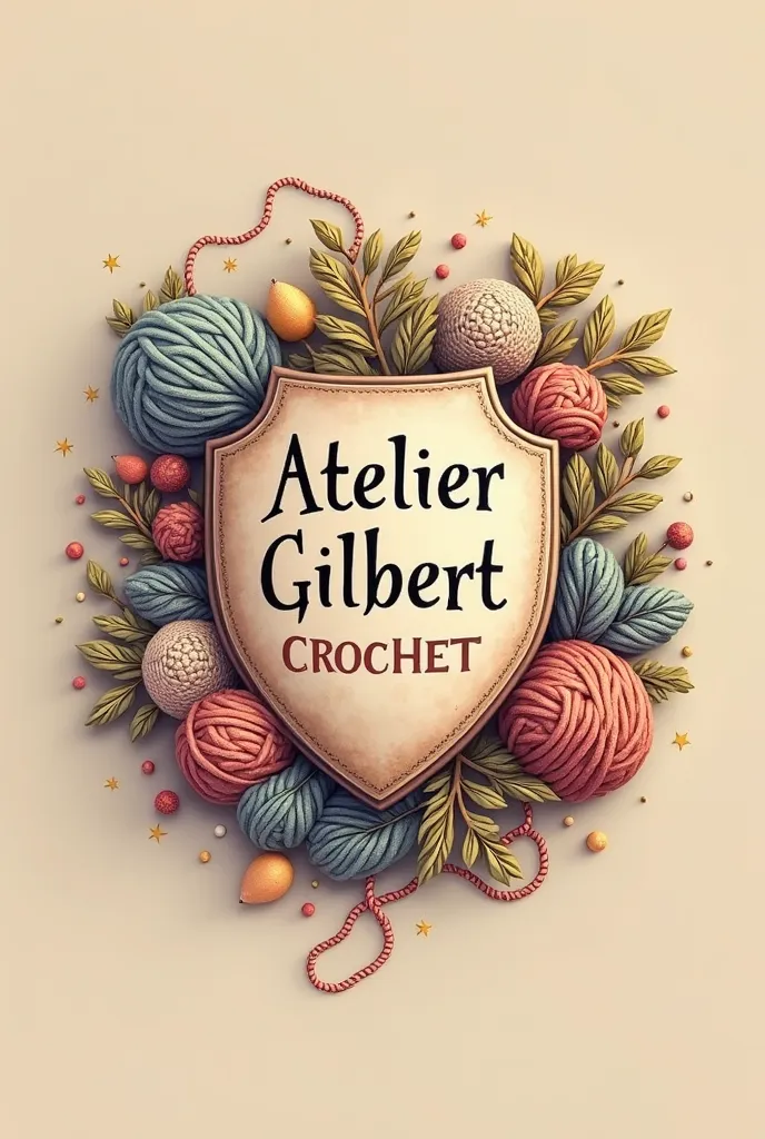 I want a logo for an amigurumi page, with a shield and fabric elements, The name is Atelier Gilbert Crochet