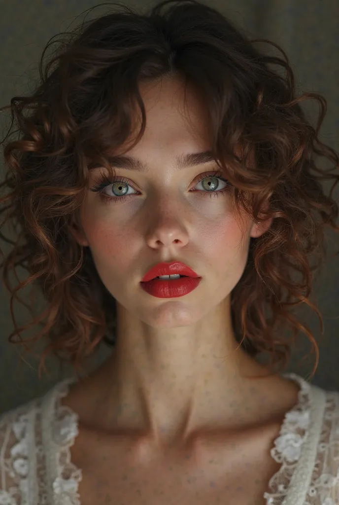 a brunette hair curly hair women with big eyes and long lashes and long hair and red lips