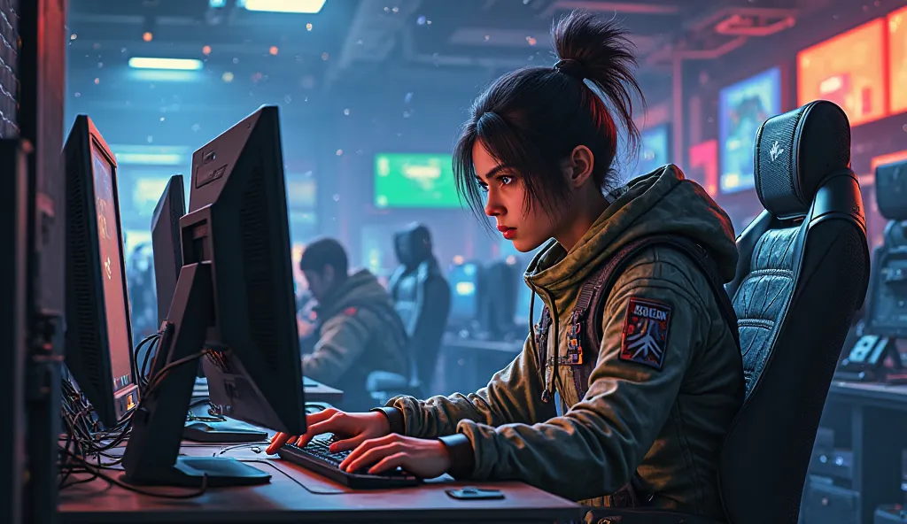 A character from the Free Fire game is sitting at his computer with a lot of computers behind him 