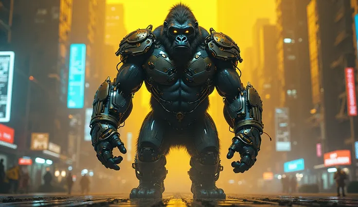 A large gorilla with cyberpunk-style robotic parts in a nighttime environment with yellow and neon blue lights