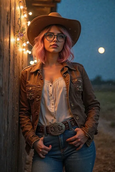 A young Caucasian woman stands confidently against a rustic wooden fence, her slightly pudgy frame clad in a well-fitted, weathered brown leather jacket with intricate stitching along the seams. Beneath it, a crisp white button-up shirt is tucked into high...