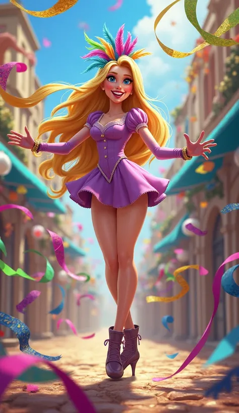 Create a digital illustration of Rapunzel, a popular Disney character. She is shown in a dynamic pose, with her arms extended to the sides and her legs slightly bent at the knees, she wears short carnival clothing and a crown of feathers on her head, glove...