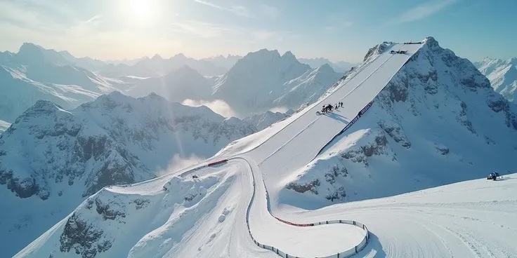 Create an ultra-realistic professional camera photography of a snowboarding track, the highest in the world, located on EVEREST. The track is highly inclined, with drones eagerly waiting for the athlete's moment to go down. The background showcases the ent...