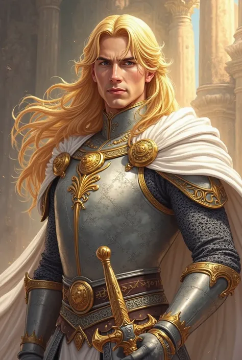 King Lucius is an imposing sovereign, With a firm stance , Very robust and penetrating look. Her golden blond hair goes down to her shoulders, shining like rays of dawn, adorned with sacred inscriptions that symbolize protection and justice.

Ele veste uma...