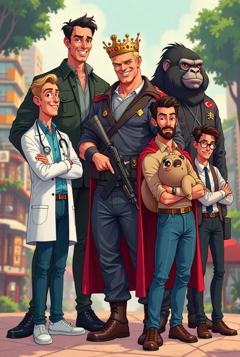 A group of 25-year-old male cartoon characters:

1. A sleek, bald man with a brilliant, mischievous smile and sharp features, dressed as a doctor.


2. A tall brown skinned, brooding figure with a sinister grin and a dark, shadowy aura, wearing a dark cloa...