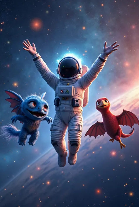 create an image A stunning background from outer space,  with bright stars , colorful nebulas and planets in the distance.  In the center of the image , there is an astronaut with his hands up,  Celebrating , as if it were celebrando uma grande conquista. ...