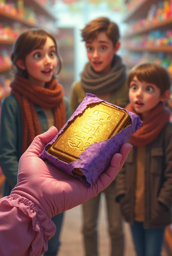 Make a hand that wears a pink glove holding a chocolate bar with the purple wrapper half open like an envelope: Davi. With a golden paper that is the Golden Ticket the: golden ticket! Background folder a candy store and make a lot of people amazed make thr...