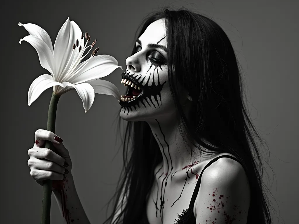 A hyper-realistic black-and-white high-definition photographic portrait of an intense black metal woman with long, flowing black hair. Her pale skin contrasts with her black metal  paint: deep black paint surrounds her eyes, extending in jagged streaks dow...