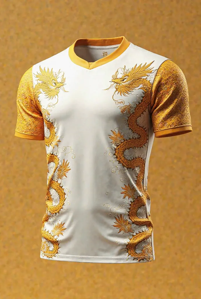 An ivory-colored white soccer jersey with gold-colored Chinese New Year dragons