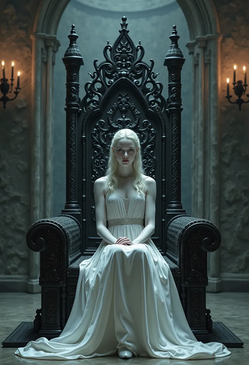 Pretty albino woman princess, she's on her black throne, a gothic castle