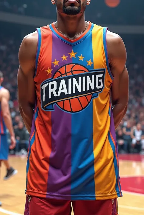 Generate a basketball jersey with a logo that contains striking colors and that contains the word training. And that there are stars on the shores 