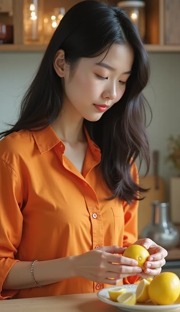 The Korean girl wears a simple and elegant orange shirt, which matches the warm and comfortable atmosphere of the kitchen. . Her shiny black hair falls freely on her shoulders, and in her hand she holds pieces of fresh ginger and regular lemon slices. . He...