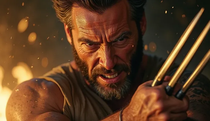 A hyper-realistic, ultra-detailed close-up of Wolverine (Hugh Jackman) unsheathing his adamantium claws with an intense, battle-ready expression. His face is slightly dirty, sweat glistening under the dramatic lighting. The metal claws reflect the golden T...