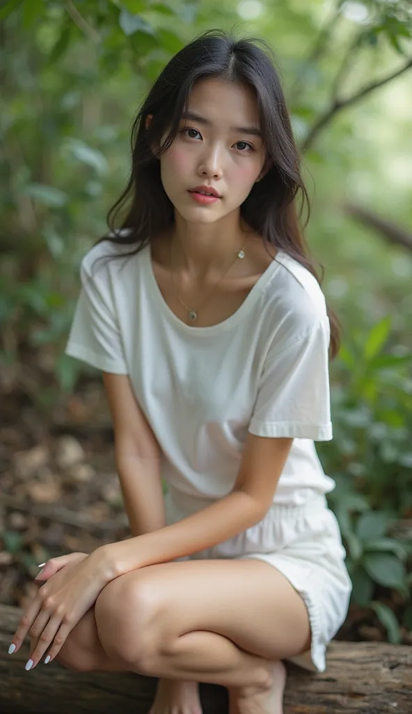 Thai girl,Age 24 years, White skin,นมใหญ่,thin, White Short Sleeve T-Shirt, wearing white shorts,Crouch on a log,