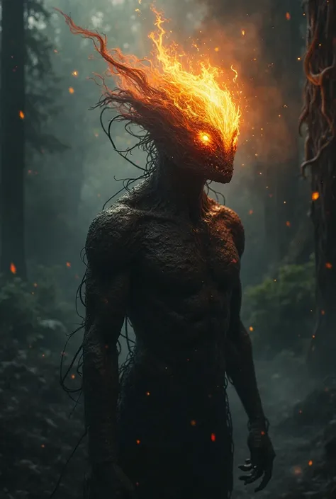 
A curupira with a human shape on the side, in the dark, Fire in the head coming out,  A very beautiful image 