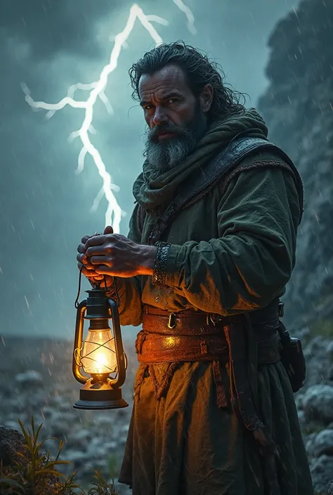 Man holding medieval lantern in the middle of a storm 