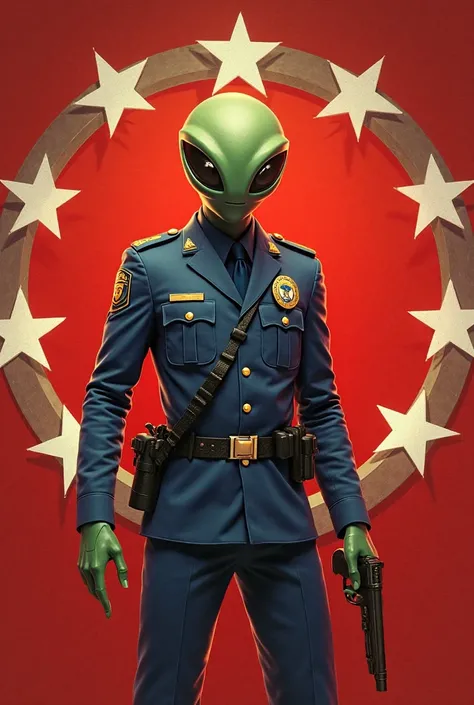 Inside a circle The Martian Marvin dressed as a policeman with a gun in his hand on a background with the flag of the community of Madrid, What is the red background with 7 white stars