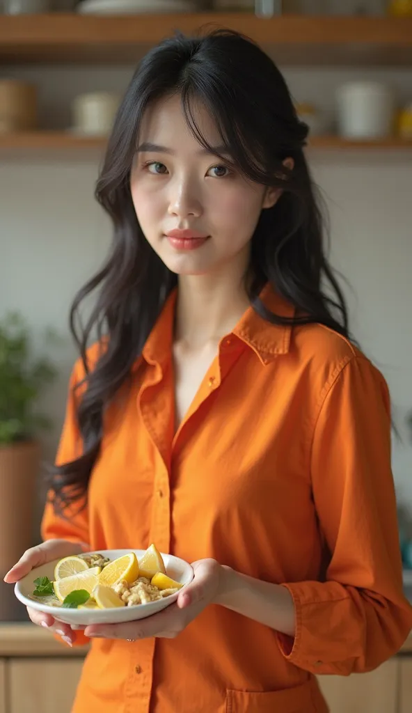 The Korean girl wears a simple and elegant orange shirt, which matches the warm and comfortable atmosphere of the kitchen. . Her shiny black hair falls freely on her shoulders, and in her hand she holds pieces of fresh ginger and regular lemon slices. . He...