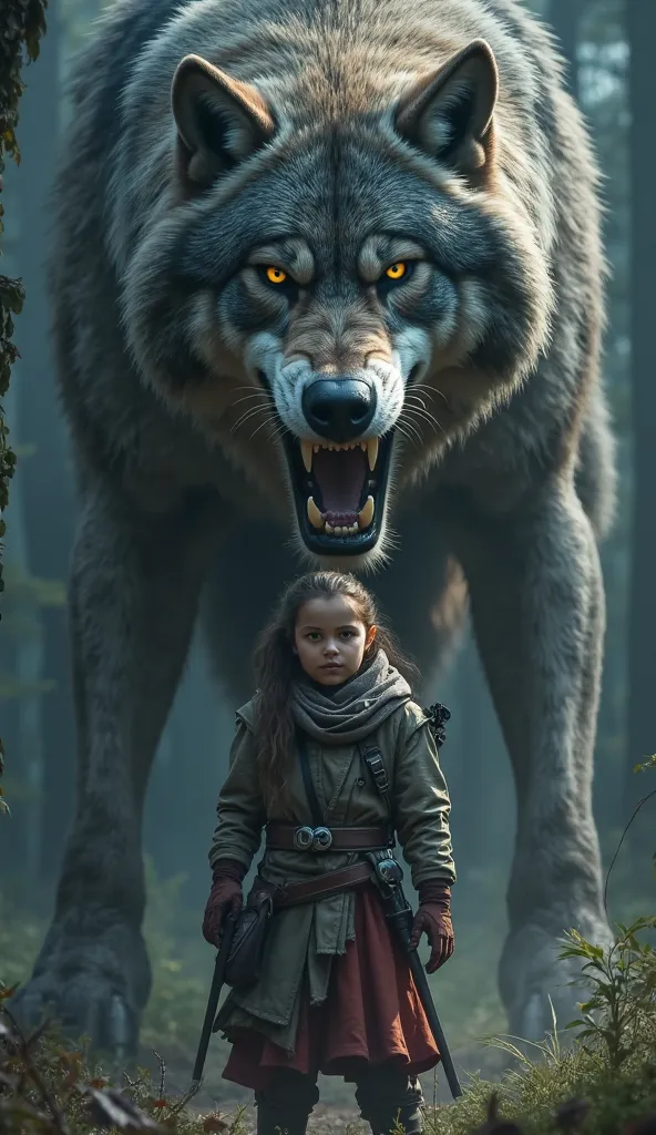 Draw a   
and behind her is a huge and evil wolf 