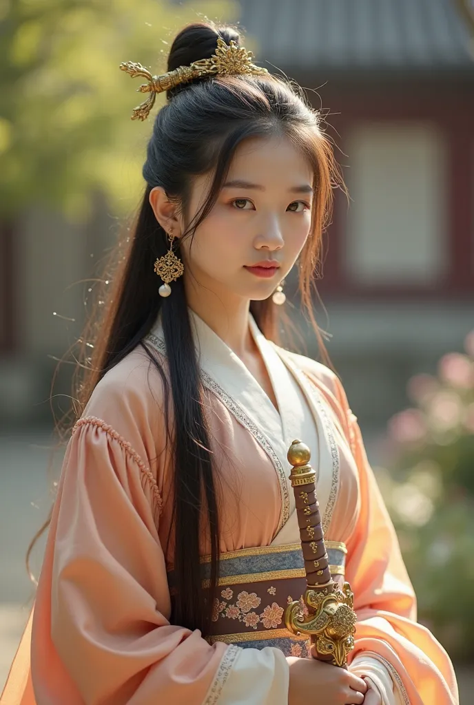 beautiful princess, In the gardens of a grand palace,  with a highly detailed sword , light elegant clothes from the Joseon Dynasty, long hair, wearing elegant menswear, hair styled with a golden blink