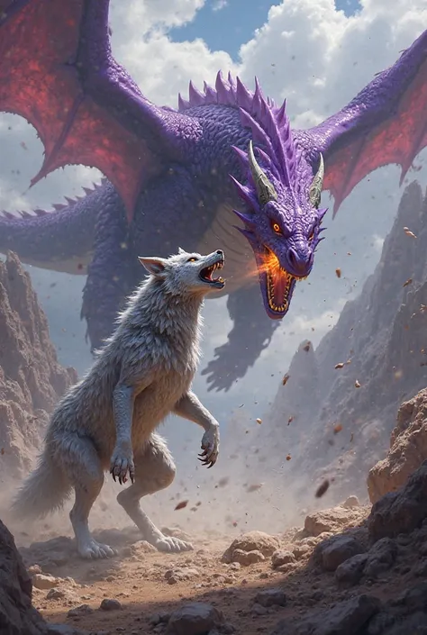 Humanoid wolf fighting a purple dragon