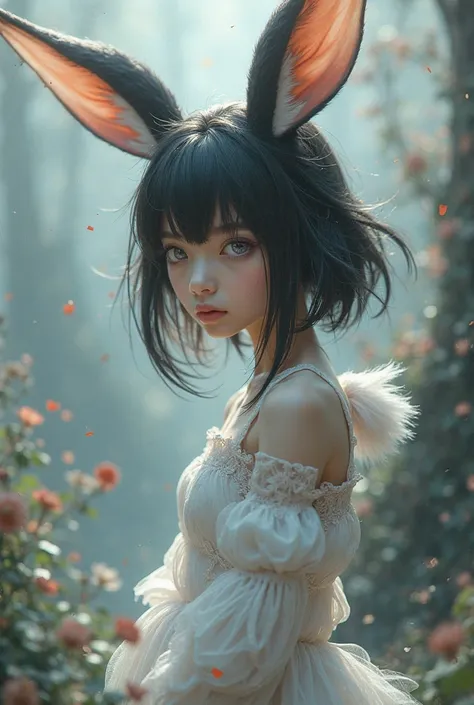 A girl with two-colored black and white hair with silver eyes and with rabbit ears, legs and tail. 