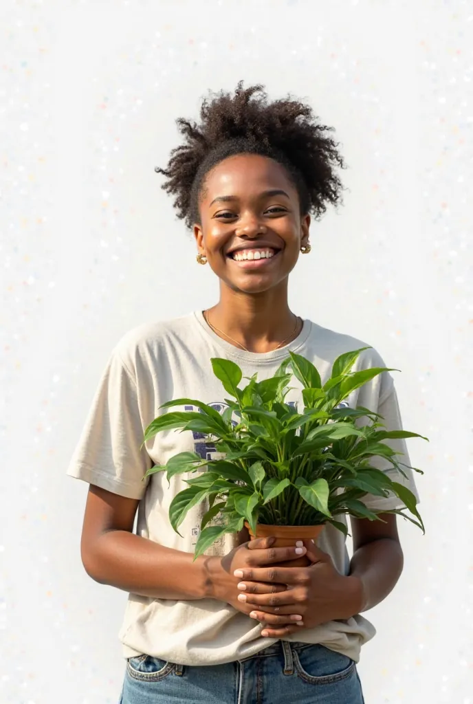  HAPPY  HOLDING A PLANT WITH THE SHIRT WRITTEN EBF,  white background