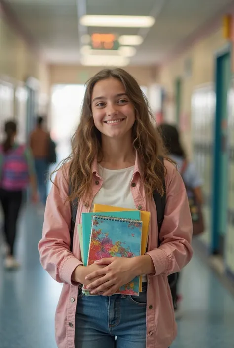 Generate a photo of a 15-year-old girl at school who is smiling and with notebooks in her hand