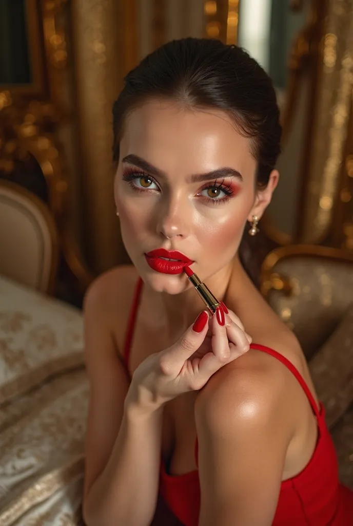 A glamorous, confident woman with flawless skin applies bold red lipstick in slow motion, her lips illuminated by a soft, golden light. She gazes directly at the camera with fierce intensity, exuding elegance and power. As she presses her lips together, a ...