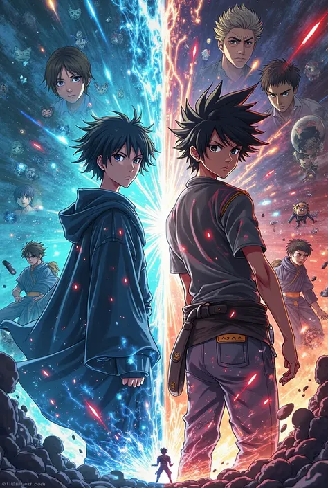 CREATE FOR ME AN INCREDIBLE ONE METER BY ONE METER, POSTER OF THE ANIME JUJUTSU KAISEN VS THE ANIME BLUE LOCK WITH THE MAIN CHARACTER IN THE CENTER