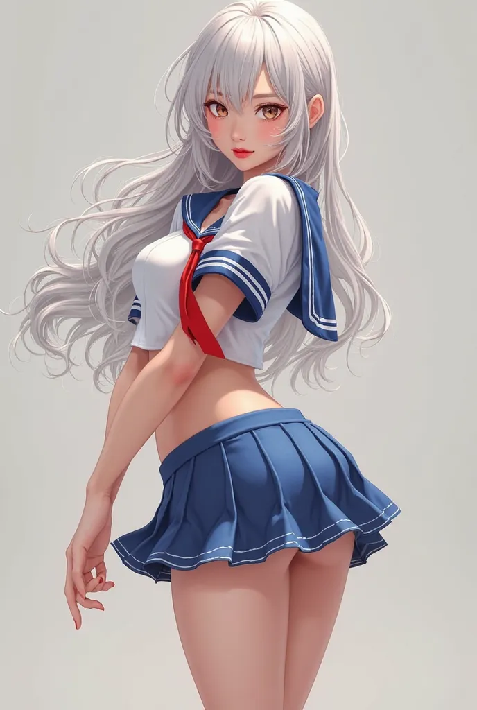 Create a realistic image of an 18 year old asian girl with long white silky hair with red glossy lips wearing a skimpy white sailor uniform with blue edges woth red tie and make her breast big and make her body sexy curvy with rosy white skin wearing blue ...